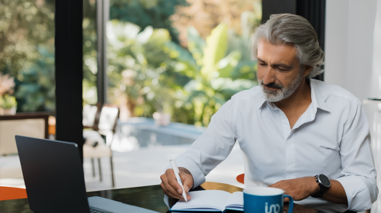 Homme indépendant travaillant depuis chez lui sur son statut immobilier